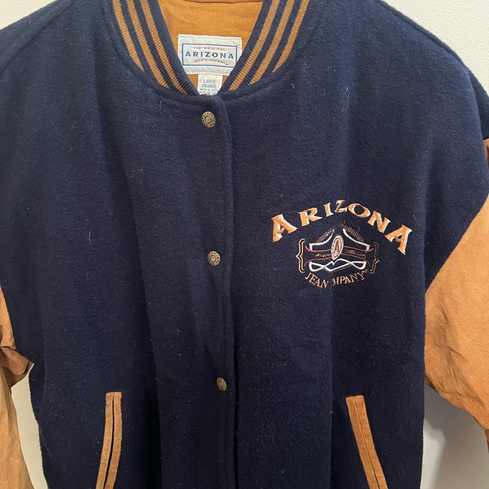 Vintage Arizona Jean Co. Varsity Bomber Jacket Size: Large Navy Wool Blend-Suede